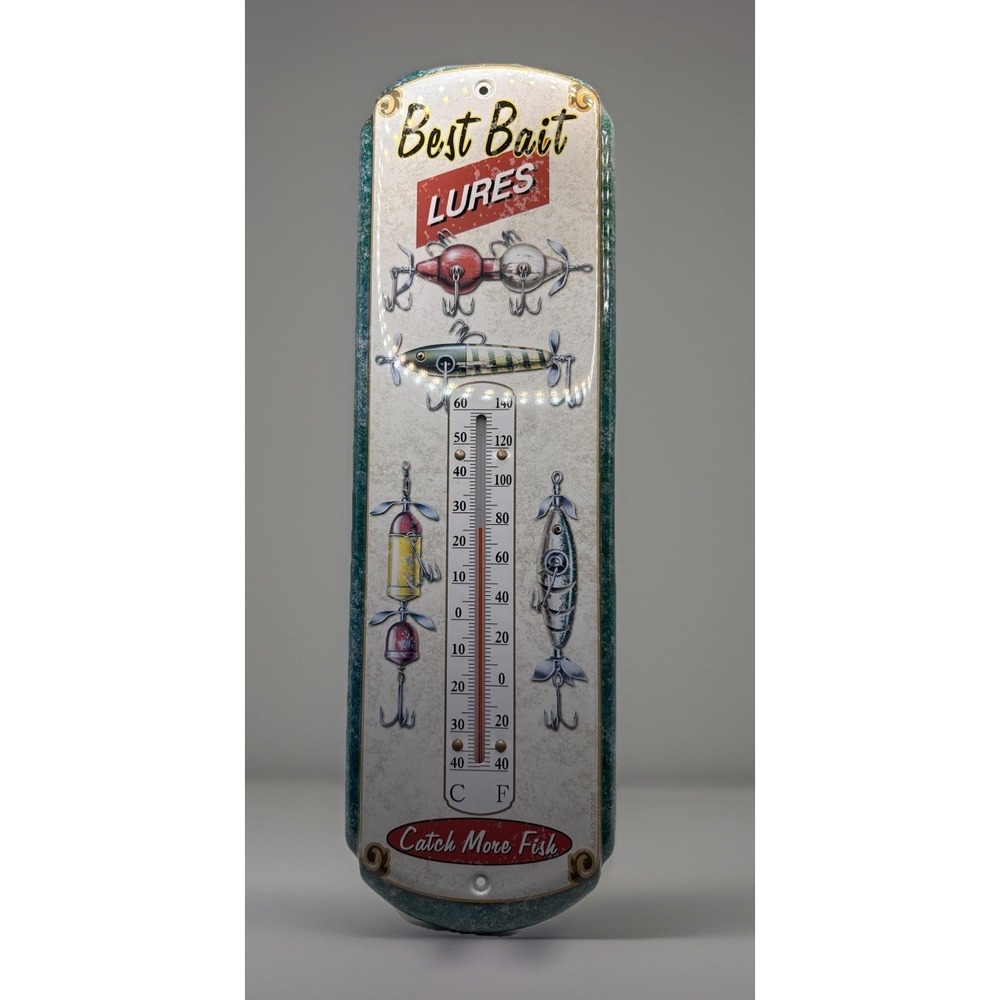 NOSTALGIC TIN THERMOMETER BEST BAIT LURES 5"x17" Man Cave Shop Garage Decor